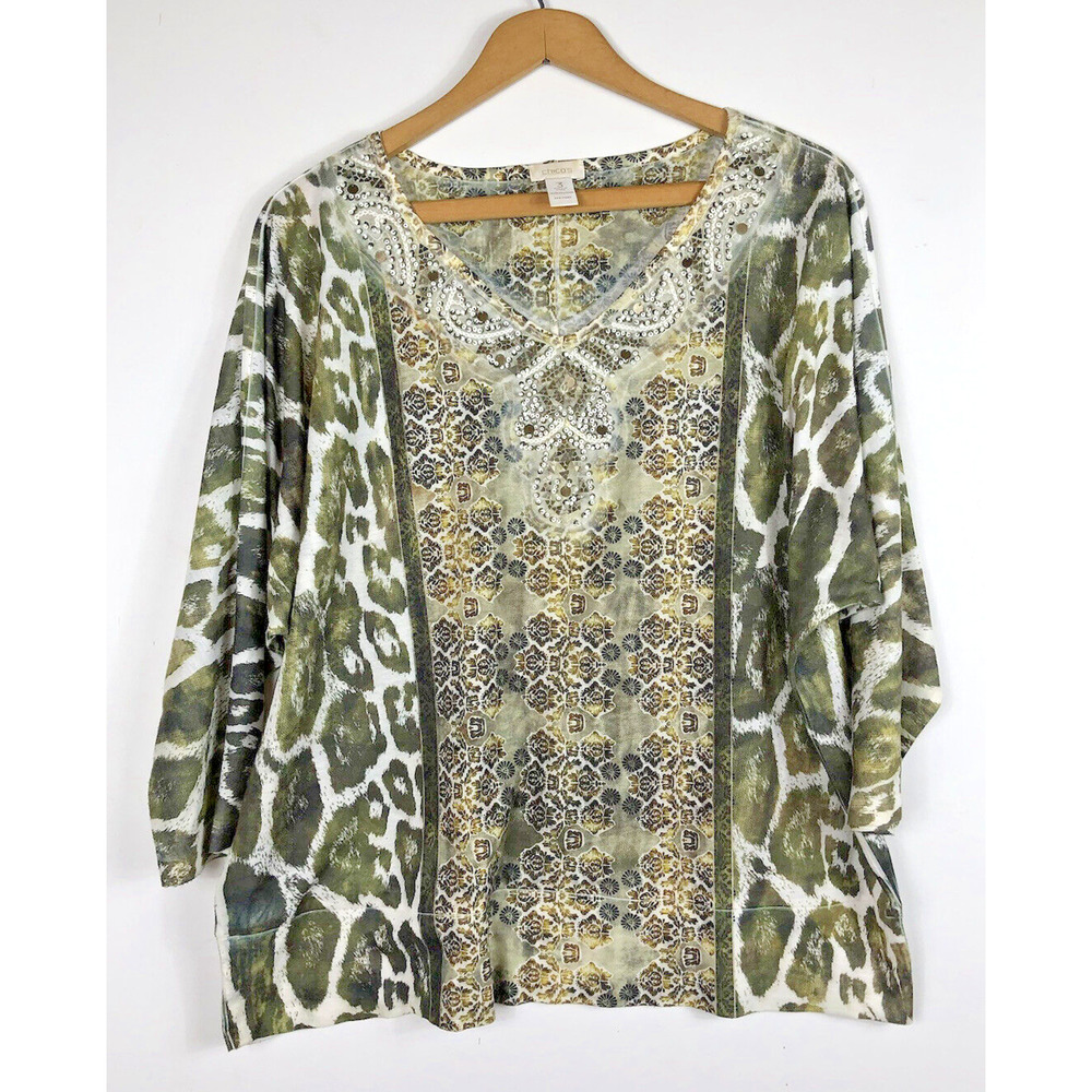 Chicos Size 3 / XL Knit Top Green & White Leopard Animal Print Womens